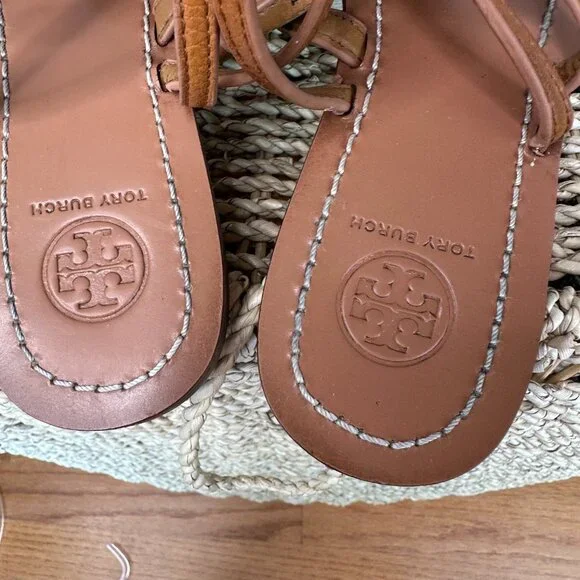 Tory Burch Leticia Ankle Strap Logo Thong Sandal Tan Sz 7.5 - Picture 5 of 15